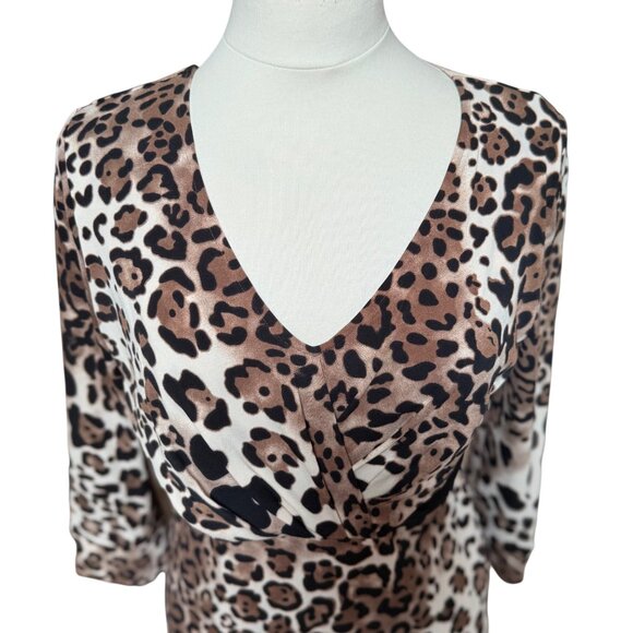 Leopard V Neck Pleat Ruched Contrast Dress Office Siren 3/4 Sleeve Stretch Sz 6 - Picture 6 of 10